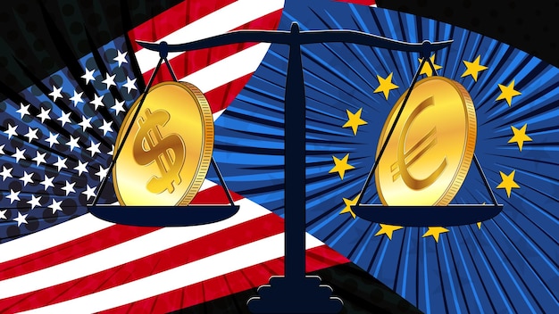 Moedas de ouro do dólar americano USD e Euro EUR em escalas com bandeiras nacionais coloridas da América e Europa As taxas de câmbio são quase iguais e quem agora é o líder não está claro