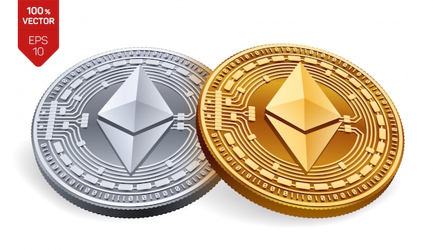 Vetor moedas de ouro e prata de criptomoeda com ethereum símbolo isolado no fundo branco.