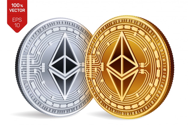 Moedas de ouro e prata de criptomoeda com ethereum símbolo isolado no fundo branco.