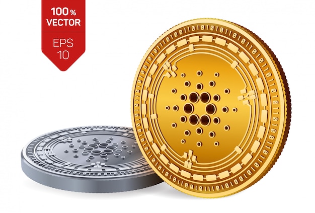 Moedas de ouro e prata de criptomoeda com o símbolo Cardano isolado no fundo branco.