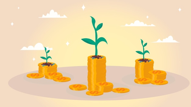 Moedas em uma pilha com planta crescendo no dinheiro com fundo verde
