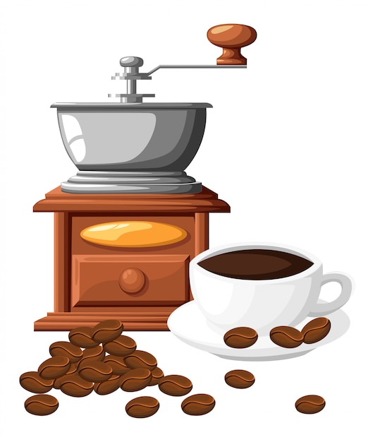 Moedor de café clássico. Moinho de café manual com xícara de café. ilustração em fundo branco