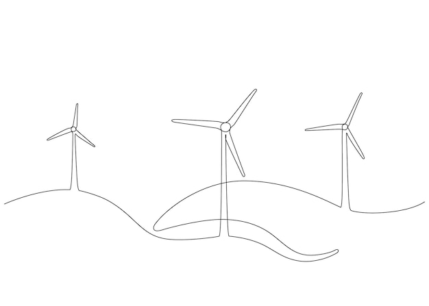 Vetor moinho de vento gerador de vento energia única linha contínua arte torre do moinho de vento economizar energia eletricidade