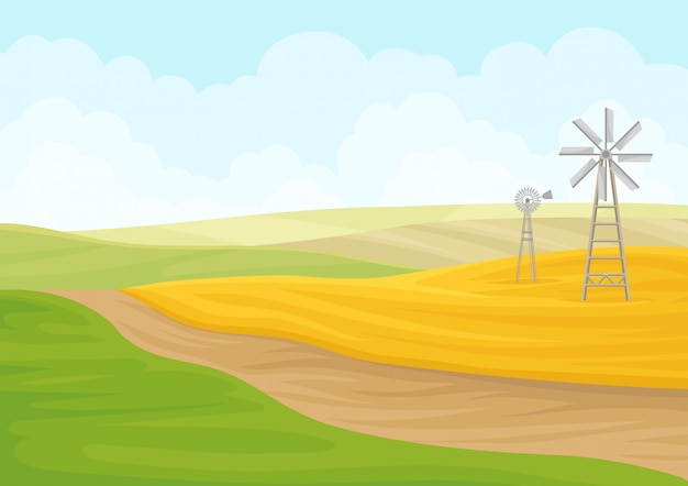 Vetor moinho de vento no campo amarelo.