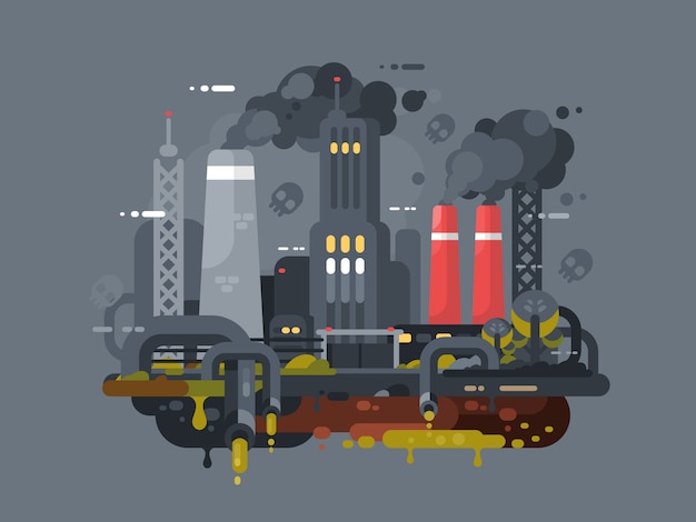 Vetor moinhos e fábricas poluindo o meio ambiente