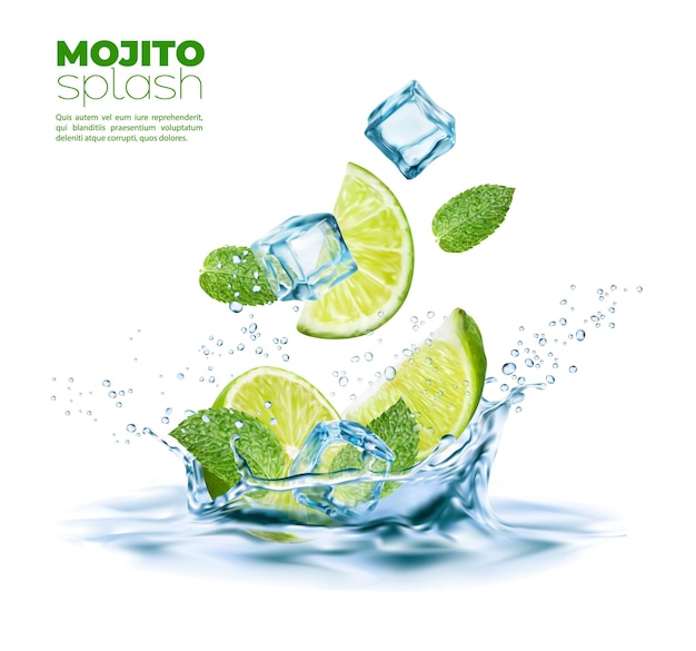 Vetor mojito bebe limão com respingos de água e cubos de gelo