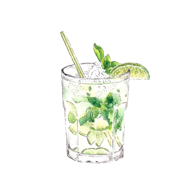 Mojito cocktail aquarela ilustração desenhada à mão isolada no fundo branco