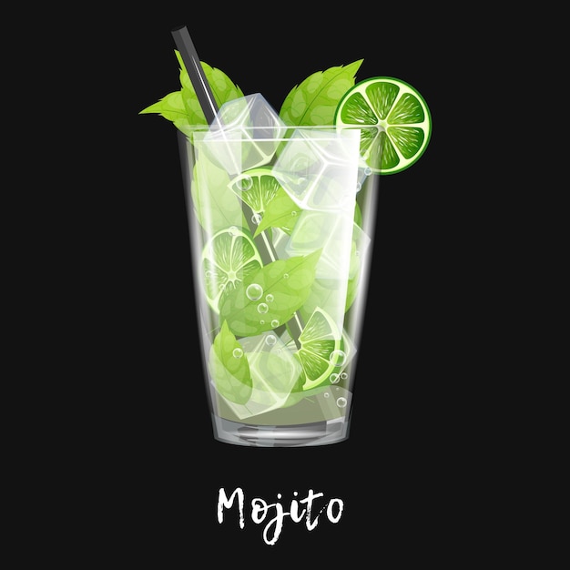 Mojito de coquetel alcoólico em fundo preto Bebida de bebida de bar em vidro para ilustração vetorial de menu