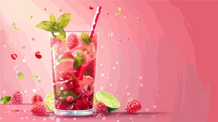 Vetor mojito de framboesa refrescante em vidro com fundo rosa