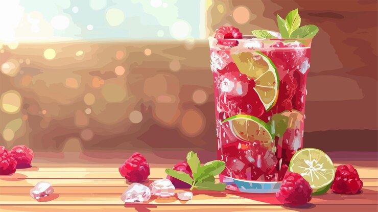 Vetor mojito de framboesa refrescante em vidro em mesa de madeira