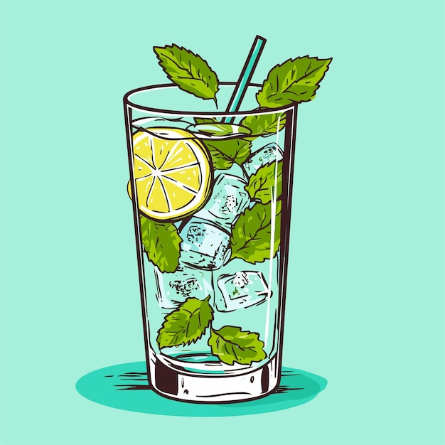 Vetor mojito em um copo de álcool ou coquetel não alcoólico coquetel clássico com hortelã de limão e ilustração vetorial de gelo