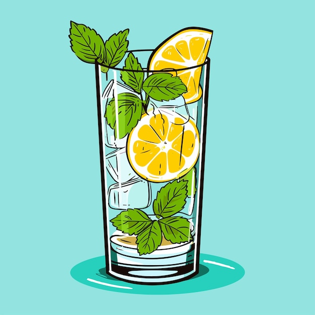 Mojito em um copo de álcool ou coquetel não alcoólico coquetel clássico com hortelã de limão e ilustração vetorial de gelo