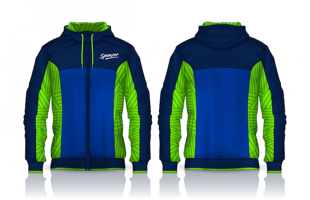 Molde das camisas do hoodie projeto de jaqueta, parte dianteira da trilha do sportswear e vista traseira.