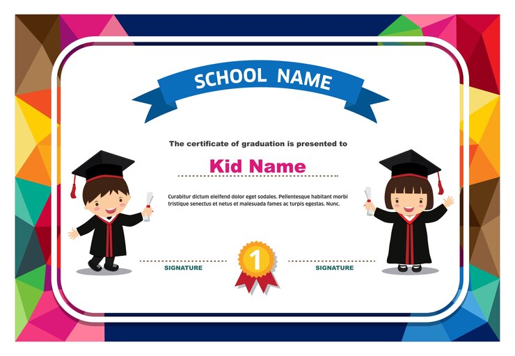 Vetor molde do projeto do fundo colorido do certificado do diploma das crianças