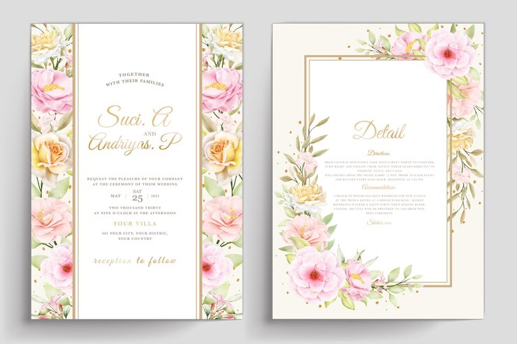 Vetor molde floral atraente desenhado mão do convite do casamento