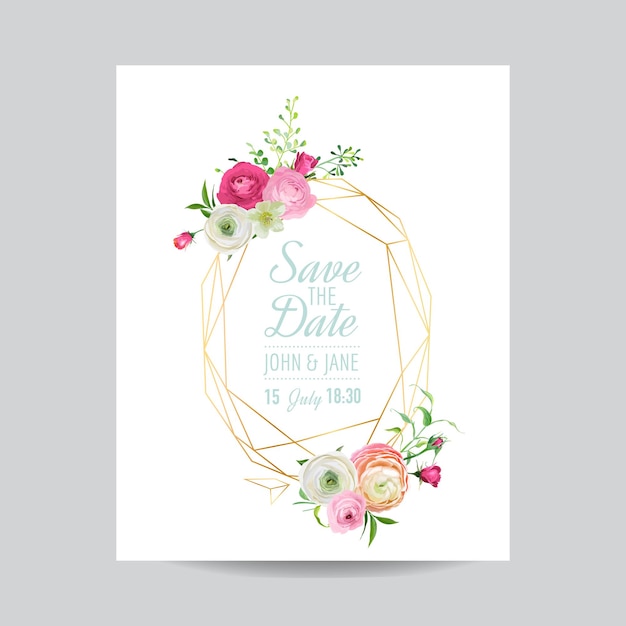 Molde floral do convite do casamento. Salve a data moldura dourada com lugar para seu texto e flores cor de rosa. Cartão, cartaz, banner. Ilustração vetorial