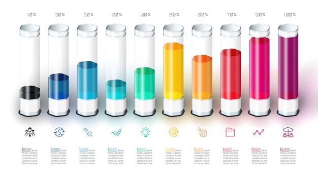 Molde infographic do gráfico de barras com o tubo de vidro 3d colorido.