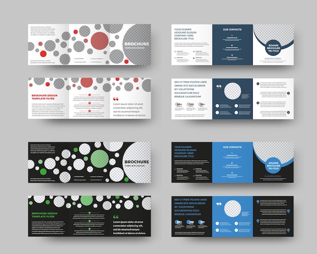 Molde tri-fold do vetor de tamanho quadrado padrão, com padrão abstrato azul, verde, vermelho, lugar redondo para foto, para apresentação do projeto. layout de folheto de sombra realista, folheto de negócios com dobra de rolo