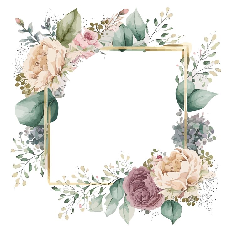 Vetor moldura aquarela com moldura dourada e flores.