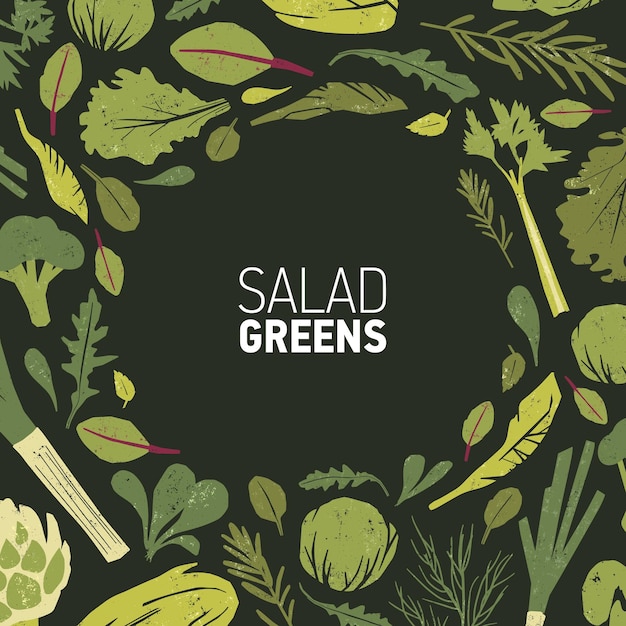 Moldura circular feita de plantas verdes, folhas de salada e ervas de especiarias