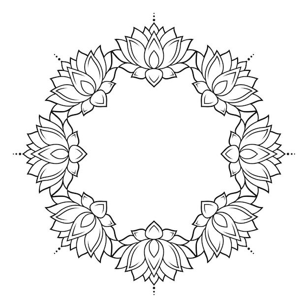 Moldura circular na tradição oriental com estilo mehndi de flor de lótus estilizado com padrão decorativo de tatuagens de henna para decorar capas para cartão de revista de caixão de caderno de livro e pasta