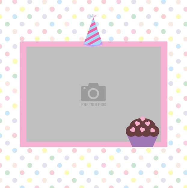 Moldura de álbum de fotos de feliz aniversário com uma tampa comemorativa e fundo de bolinhas coloridas de cupcake