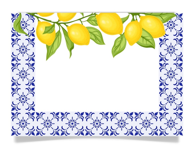 Moldura de azulejos azuis com frutas de limão e ramos verdes com moldura floral de estilo mediterrâneo de limões