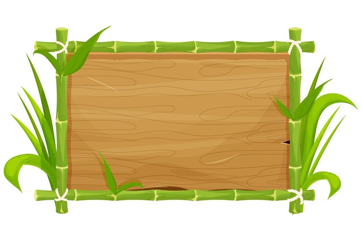 Vetor moldura de bambu verde com placa de madeira vazia de folhas em estilo de desenho animado isolado