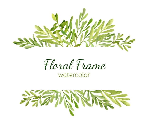 Moldura de borda floral com folhas verdes. Ilustração de vegetação em aquarela
