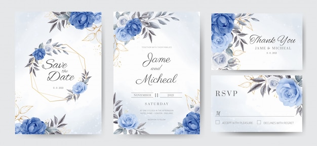 Vetor moldura de cartão dourado de convite de casamento com azul marinho rose.template conjunto de cartão.