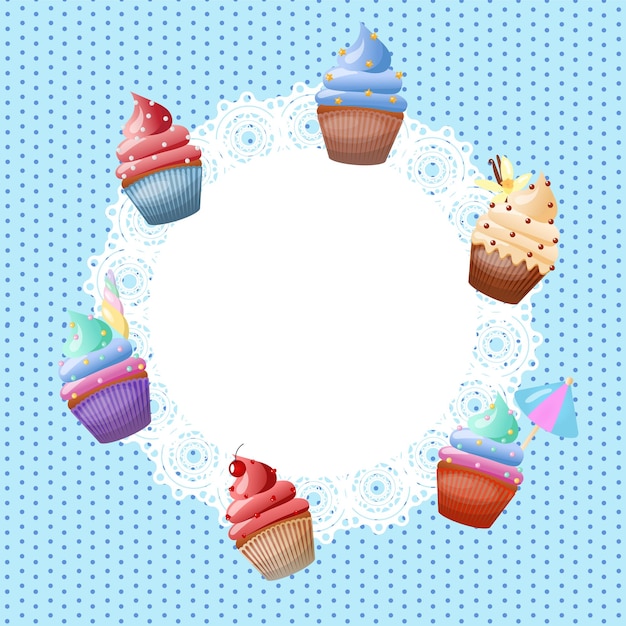 Moldura de cartaz de cupcakes com renda em ilustração vetorial