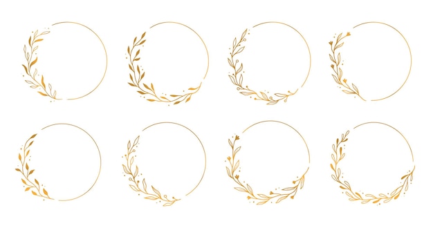 Moldura de círculo de ouro guirlanda elegante borda redonda Estilo de esboço de doodle desenhado à mão Elemento de design de floreio de moldura de círculo floral para cartão de casamento ilustração vetorial