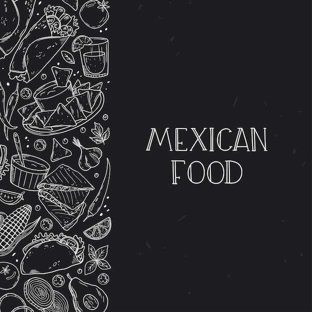 Moldura de comida mexicana em fundo preto. Cozinha mexicana. Gráficos lineares. Contorno desenhado à mão