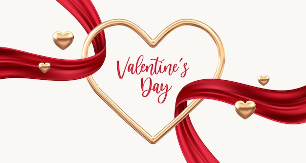 Moldura de coração dourado com elegante fita vermelha fundo romântico e amoroso feriado do dia dos namorados