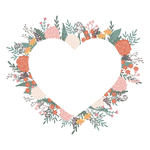 Vetor moldura de coração isolado de ilustração com floresconceito boêmio de amor de casamento para convites de cartões