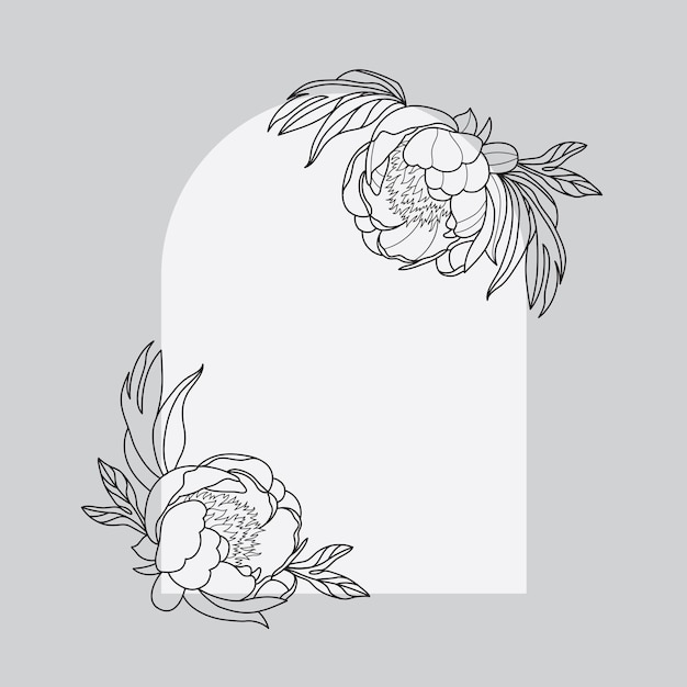 Moldura de flor de peônia, logotipo de linha preta branca, esboço, tatuagem, casamento