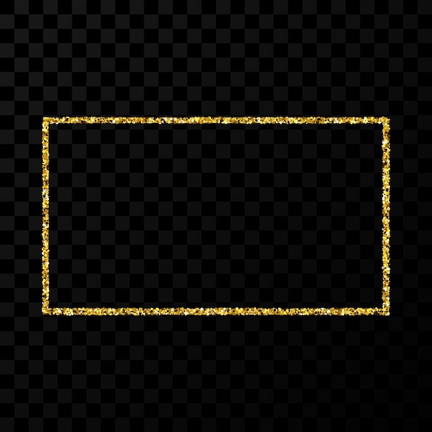 Moldura de glitter dourados. quadro vertical retangular com brilhos brilhantes em fundo escuro e transparente. ilustração vetorial