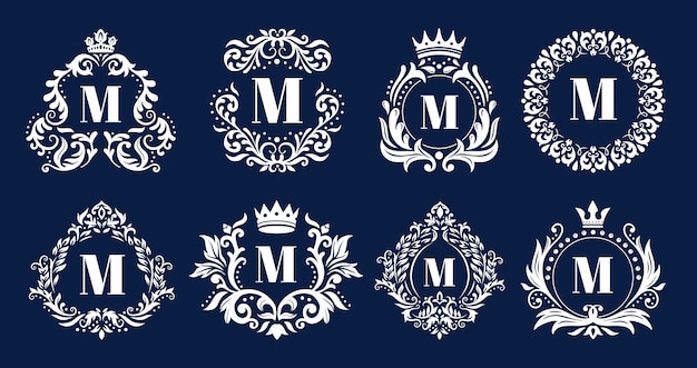 Moldura de monograma de luxo. monogramas ornamentais, ornamento de logotipo de iniciais heráldicas e quadros de borda elegante letras conjunto de ilustração vetorial