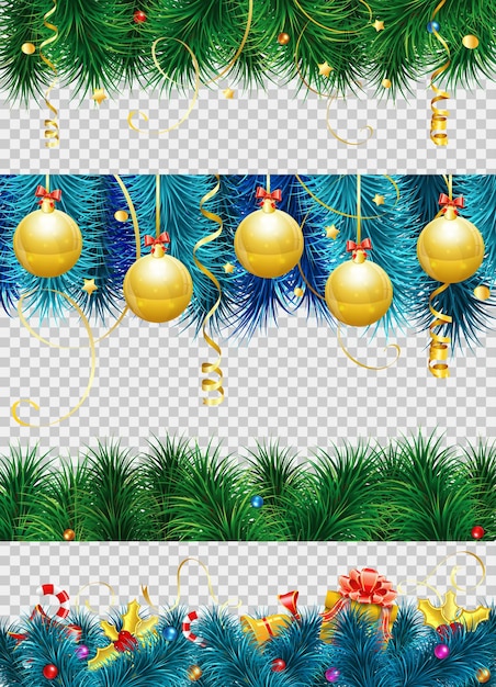 Vetor moldura de natal com enfeites, galhos de pinheiro, visco, serpentina, presente e decoração de borda de natal. ilustração vetorial isolada em fundo transparente