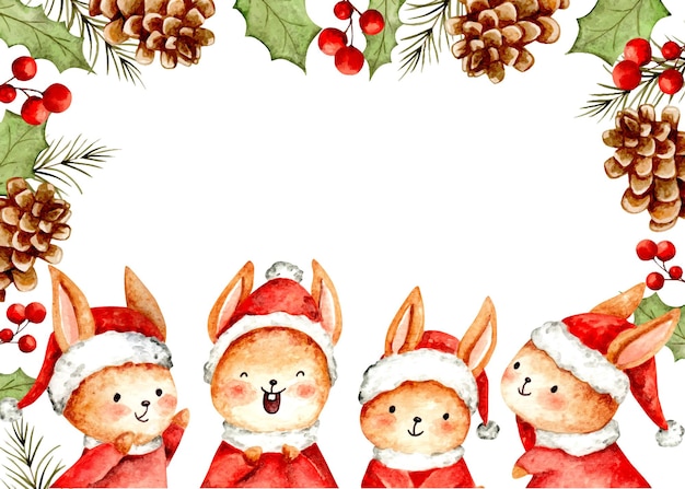 Moldura de natal em aquarela com coelhos e enfeites florais