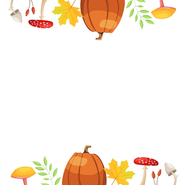 Vetor moldura de outono com a imagem de folhas de abóboras e cogumelos ilustração vetorial em estilo cartoon