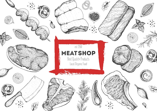 Moldura de visão superior da carne Ilustração vetorial Desenho gravado Ilustração desenhada à mão Pedaços de modelo de design de carne