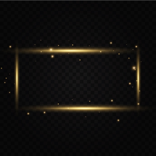 Moldura dourada com efeitos de luzes. retângulo brilhante. isolado em fundo transparente preto.