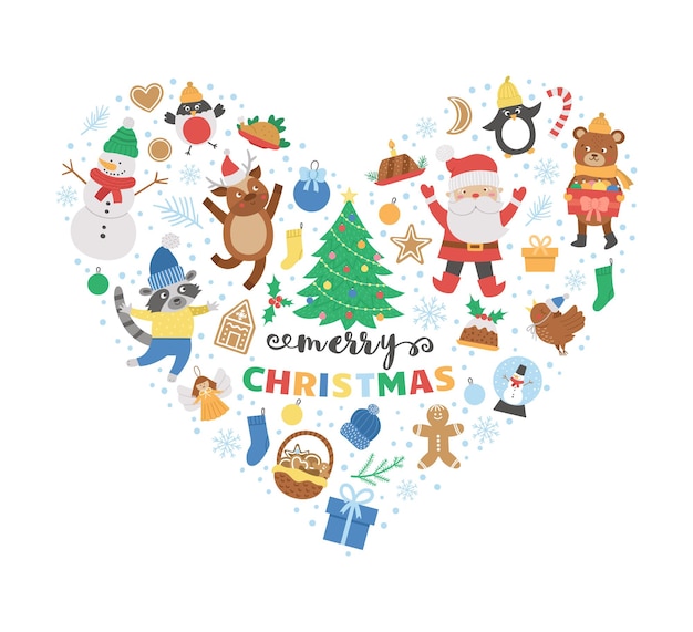 Moldura em forma de coração de vetor com elementos de Natal. Clipart de festa tradicional do ano de Ney. Design engraçado para banners, cartazes, convites. Modelo de cartão de férias de inverno bonito com o conceito de amor.