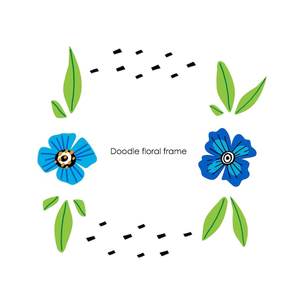 Moldura floral doodle folhas de desenho animado desenhadas à mão e composição de flores modelo de borda quadrada botânica abstrata com espaço de cópia decorativo primavera verão decoração ilustração isolada