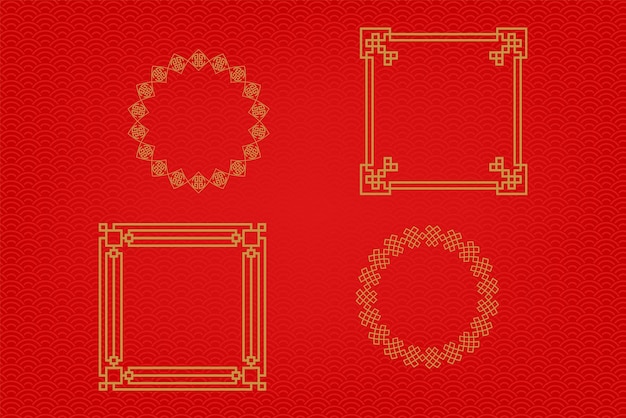 Moldura ou borda chinesa definida sobre fundo vermelho ornamentos asiáticos tradicionais dourados orientais