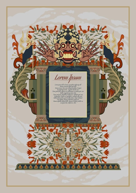 Vetor moldura ou etiqueta de borda de livro medieval balinesa e javanesa vintage com padrão floral e monstro
