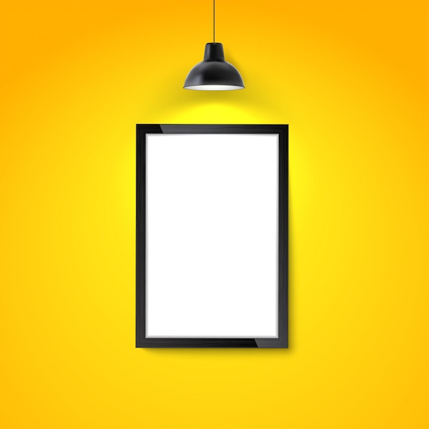 Vetor moldura para retrato na parede amarela com lâmpada de suspensão.