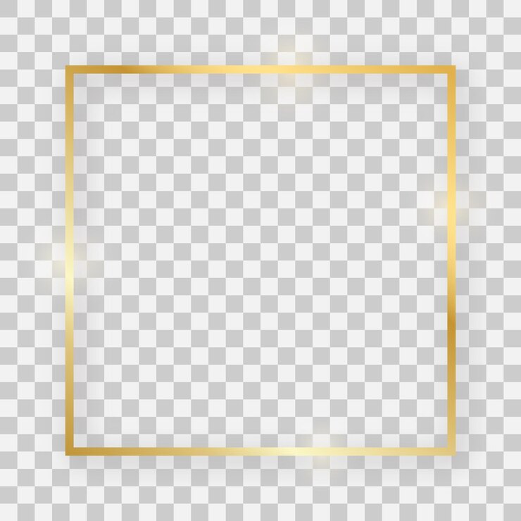 Vetor moldura quadrada brilhante dourada com efeitos brilhantes e sombras em fundo transparente. ilustração vetorial