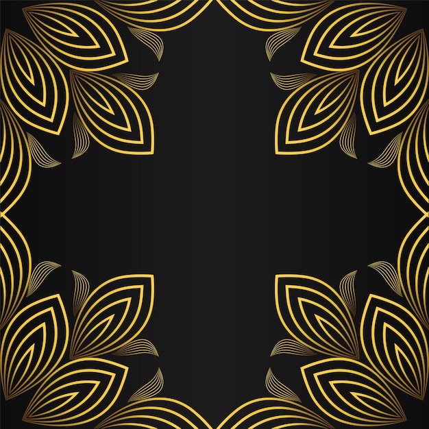 Moldura quadrada com bela decoração floral dourada em design de fundo preto